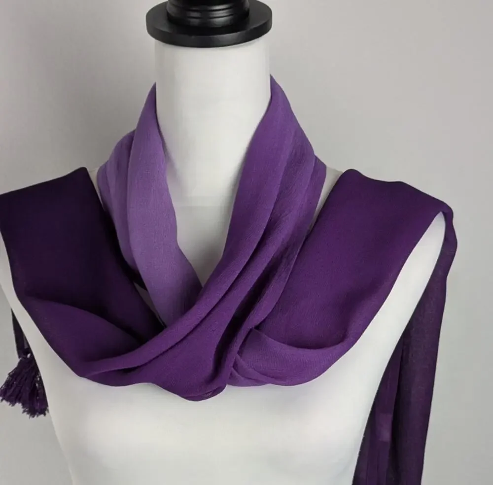 Vtg Pegasus Hand Dyed Silk Crepe Scarf Ombré Purple Tassels Fiber Art 68x11 EUC